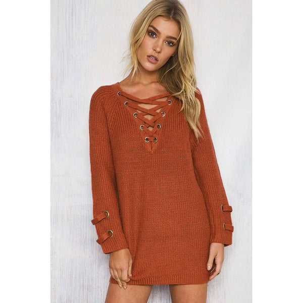 The V Neck Knitted Sweater Striped Bandage Cross Ties Pullover