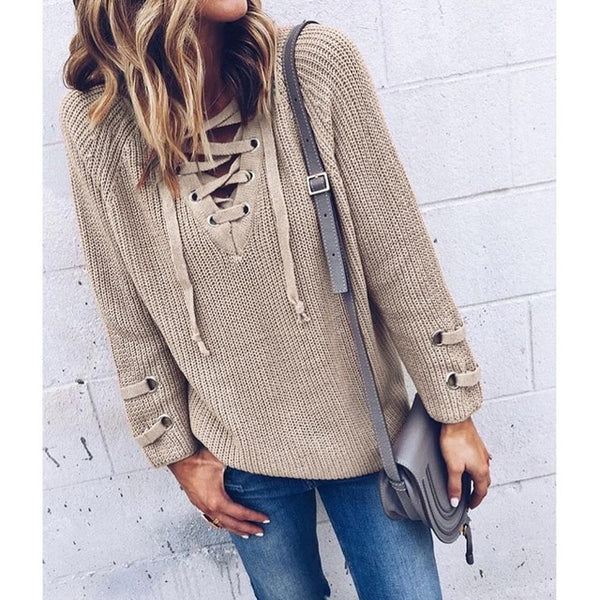 The V Neck Knitted Sweater Striped Bandage Cross Ties Pullover