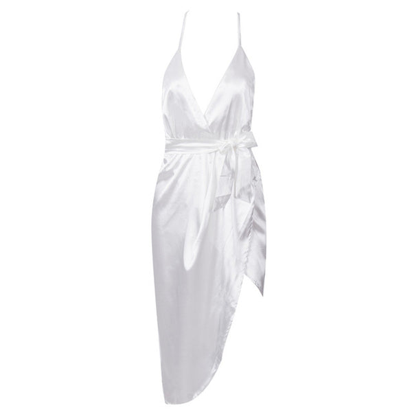 The V sexy satin lace up backless bodycon dress