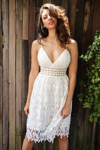 The Deep V padded backless white lace dress