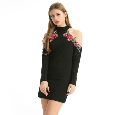 The neck black dress off shoulder