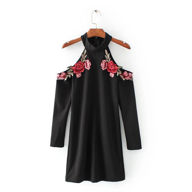 The neck black dress off shoulder