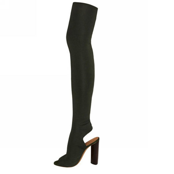The peep toe high boots.