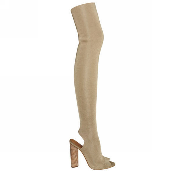 The peep toe high boots.