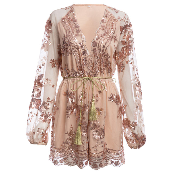 The Plunging Neck Sequin Sash Romper.