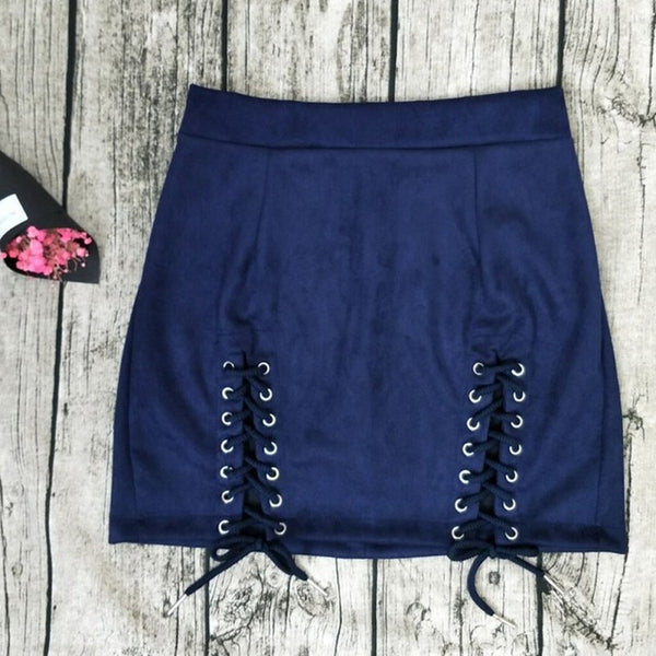 The lace up suede skirt.
