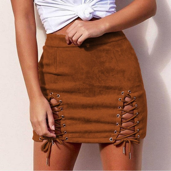 The lace up suede skirt.