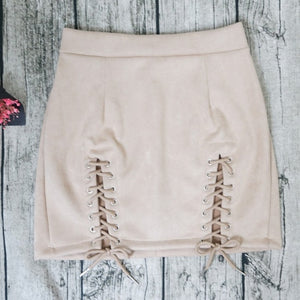 The lace up suede skirt.