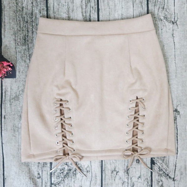 The lace up suede skirt.