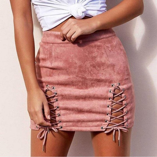 The lace up suede skirt.