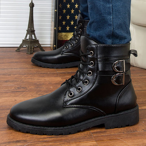 Ankle round toe solid buckle leather boots