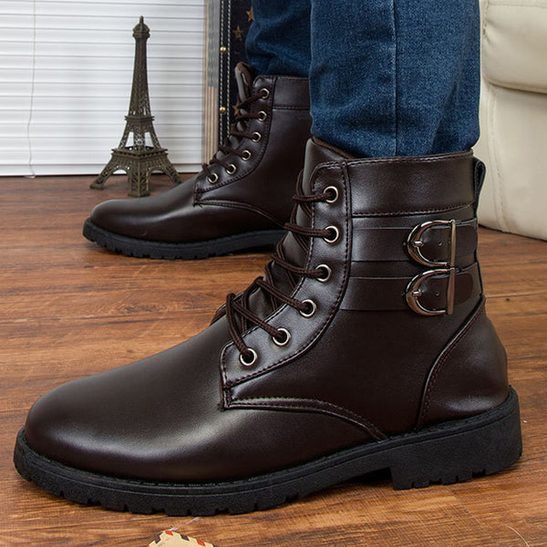 Ankle round toe solid buckle leather boots